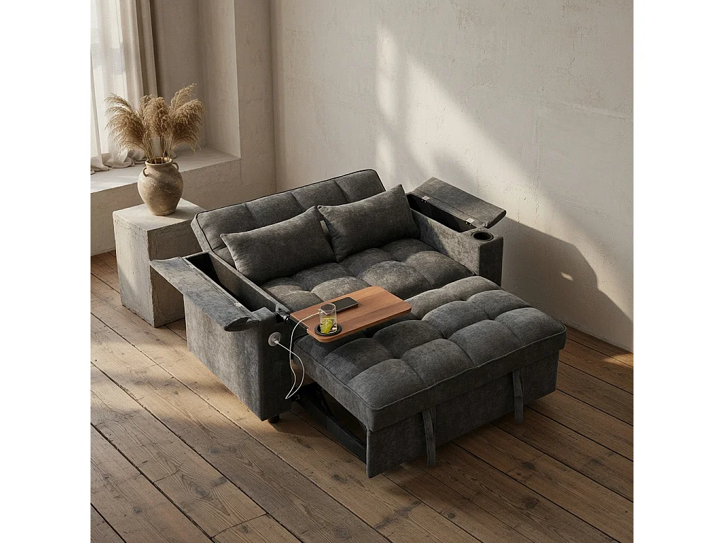 Sofá, sofá cama de dos plazas, extensible, respaldo ajustable, puerto USB, equipado con una mesita plegable y un portavasos, gris