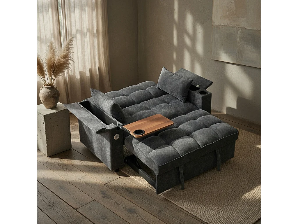Sofá, sofá cama de dos plazas, extensible, respaldo ajustable, puerto USB, equipado con una mesita plegable y un portavasos, gris