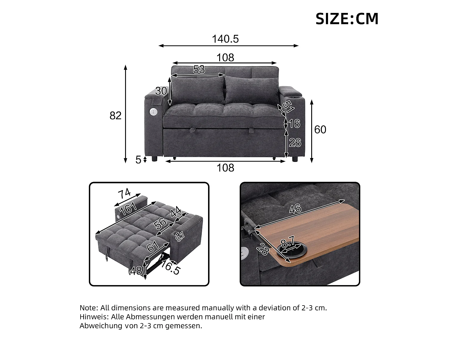 Sofá, sofá cama de dos plazas, extensible, respaldo ajustable, puerto USB, equipado con una mesita plegable y un portavasos, gris