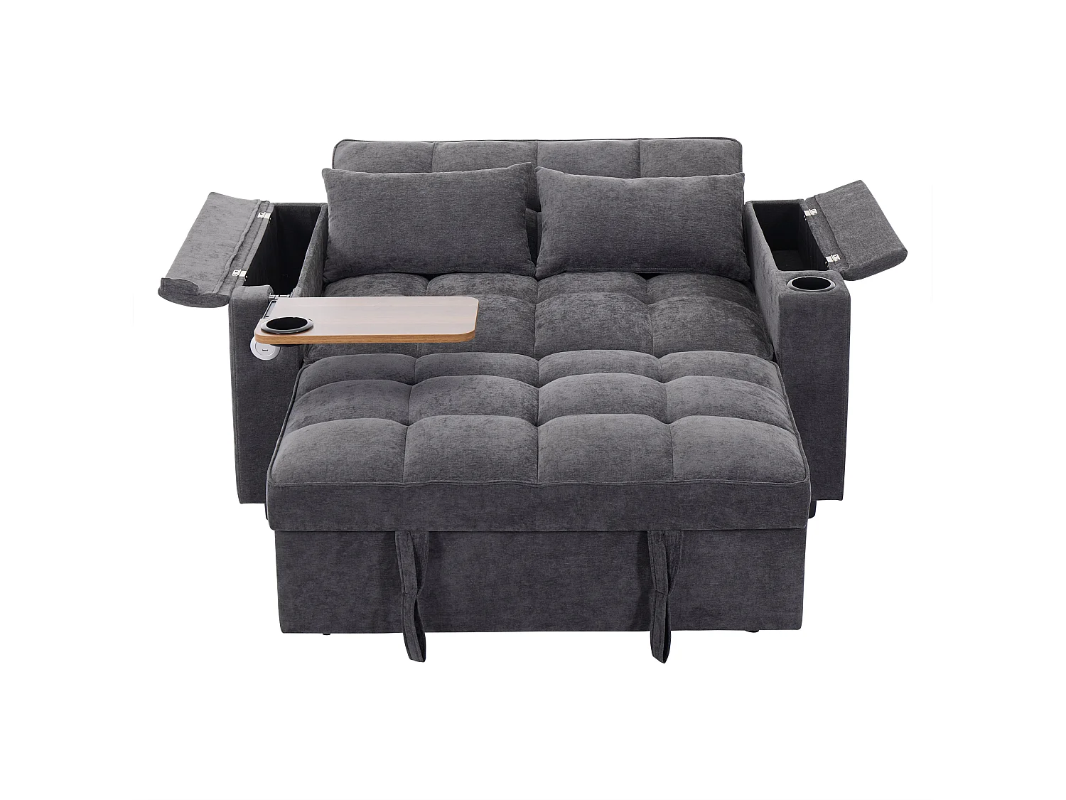 Sofá, sofá cama de dos plazas, extensible, respaldo ajustable, puerto USB, equipado con una mesita plegable y un portavasos, gris