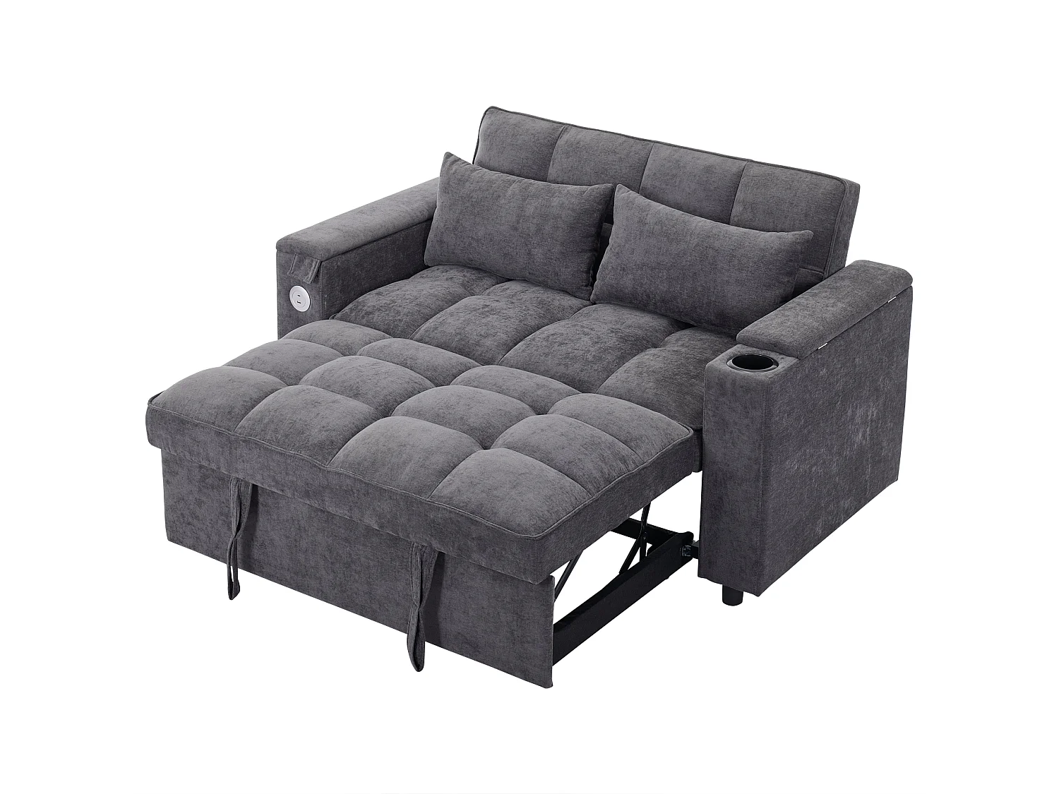 Sofá, sofá cama de dos plazas, extensible, respaldo ajustable, puerto USB, equipado con una mesita plegable y un portavasos, gris