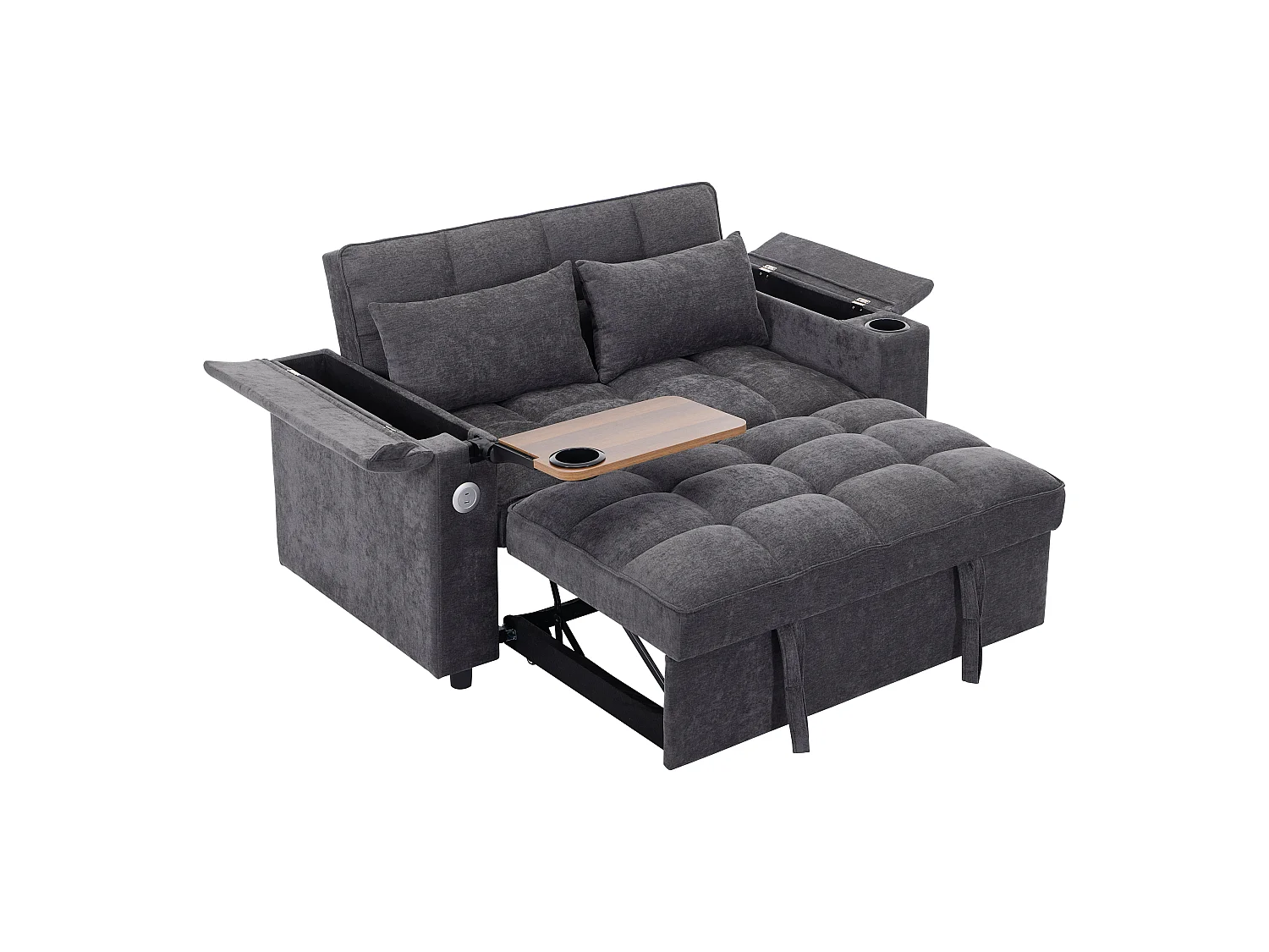 Sofá, sofá cama de dos plazas, extensible, respaldo ajustable, puerto USB, equipado con una mesita plegable y un portavasos, gris