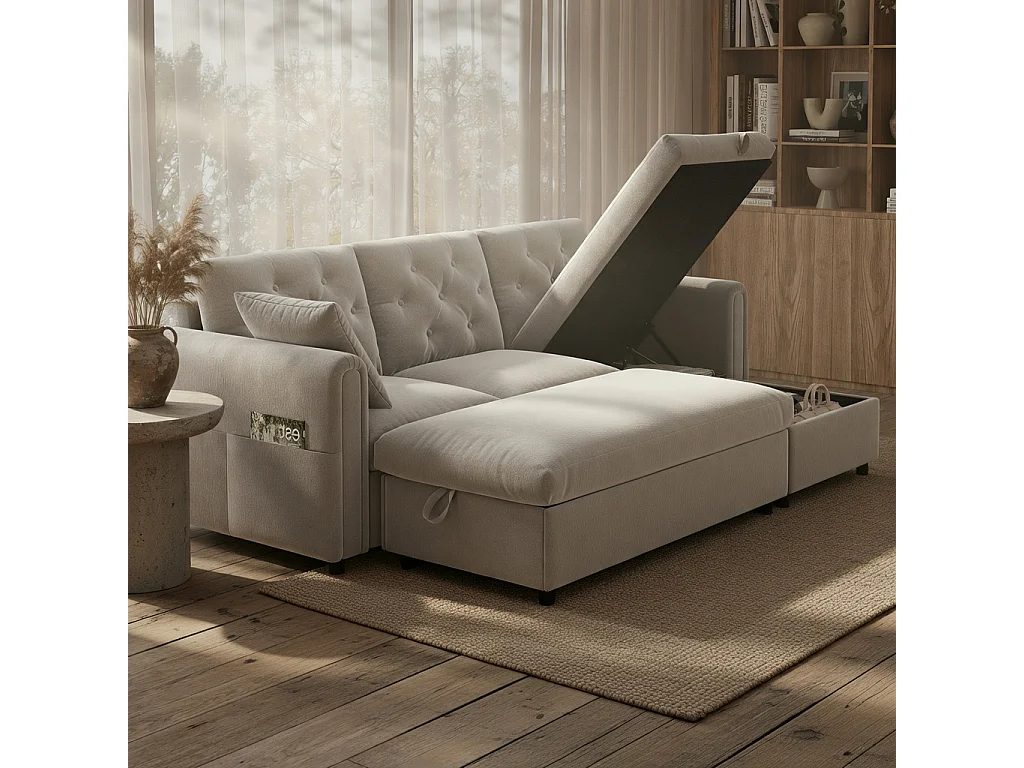 Bank, met zitbank en voetsteun, armleuningen met tijdschriftenvakken, rugleuning versierd met spijkers, fluweel, beige