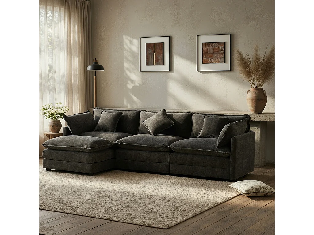 Sofá de canto moderno em L, de três lugares, em tecido chenille, com apoio para os pés, adequado para a sala de estar e para o quarto, cinzento