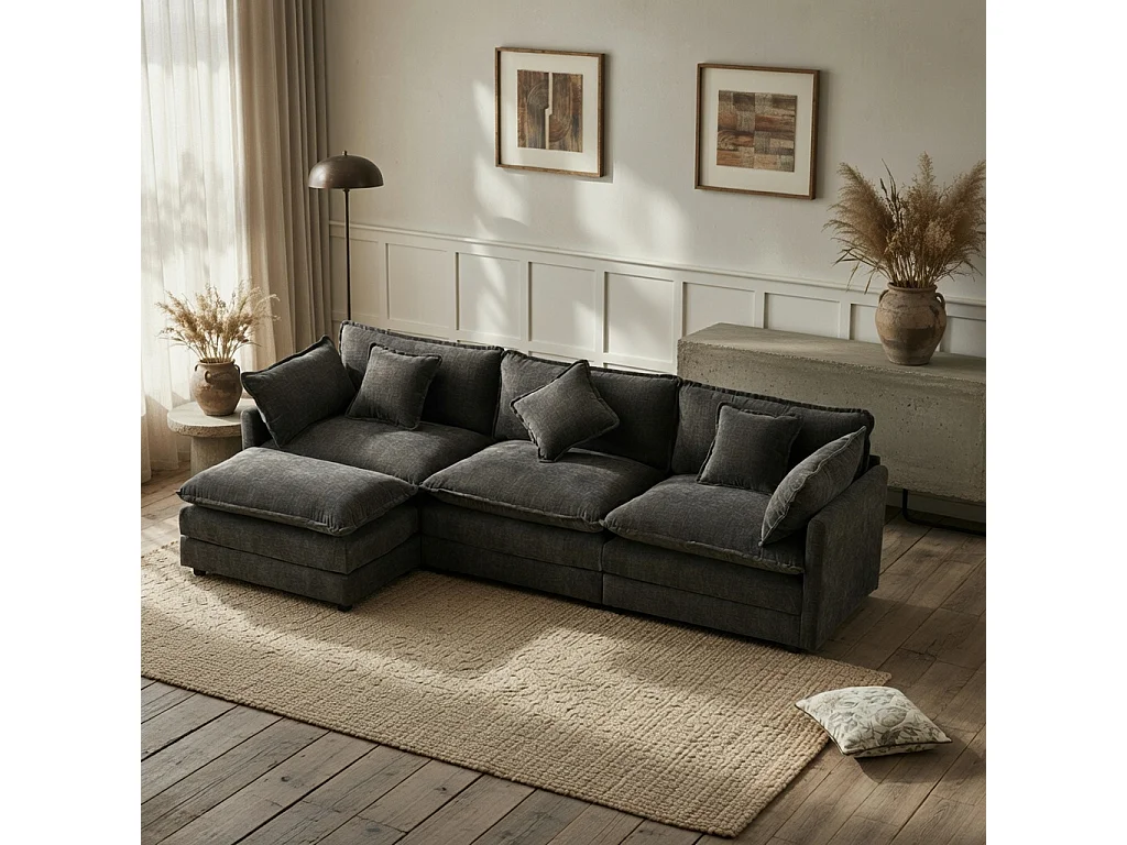 Sofá de canto moderno em L, de três lugares, em tecido chenille, com apoio para os pés, adequado para a sala de estar e para o quarto, cinzento