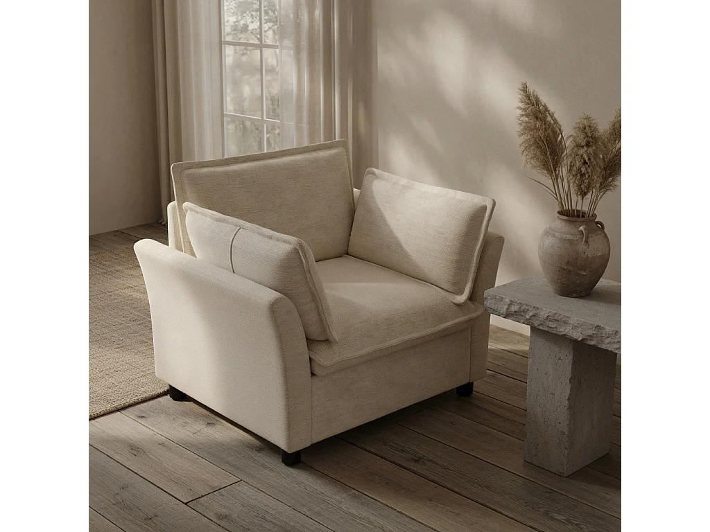 Canapé une place moderne, doté d'un dossier et d'accoudoirs rembourrés, en tissu chenille, couleur beige