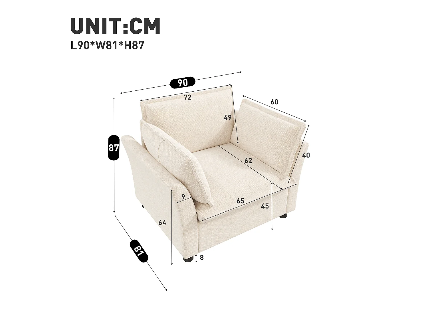 Canapé une place moderne, doté d'un dossier et d'accoudoirs rembourrés, en tissu chenille, couleur beige
