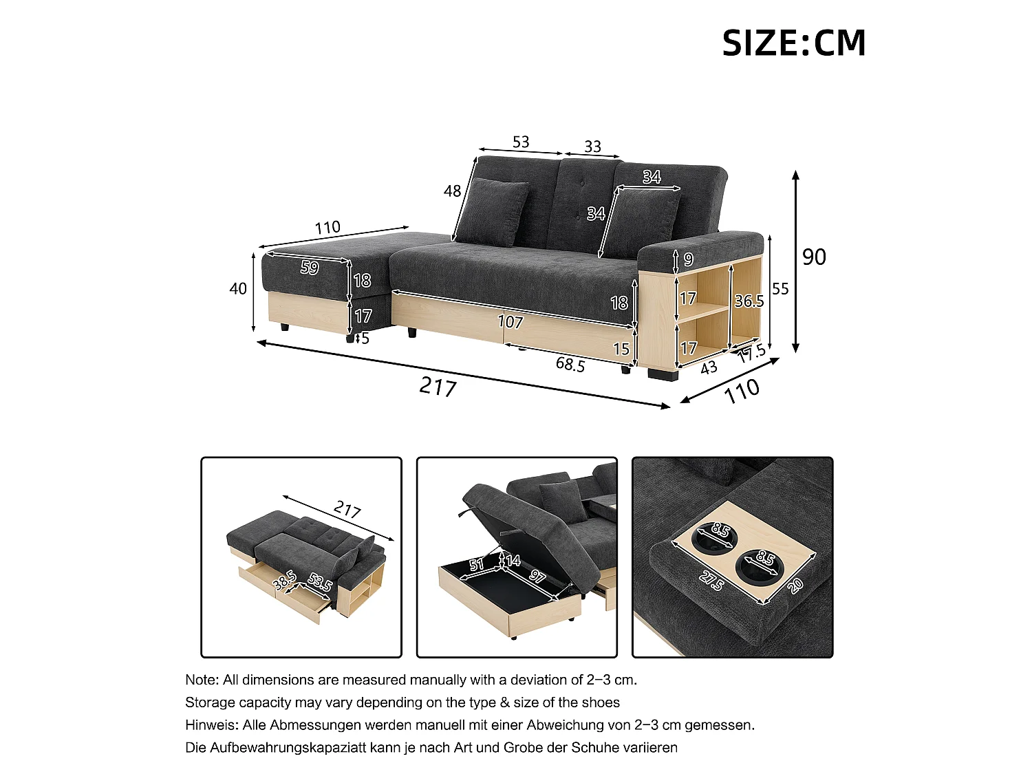 Sofá, encosto ajustável em três posições, com gaveta, tecido de chenille, porta-copos e apoio para os pés com arrumação, cinzento