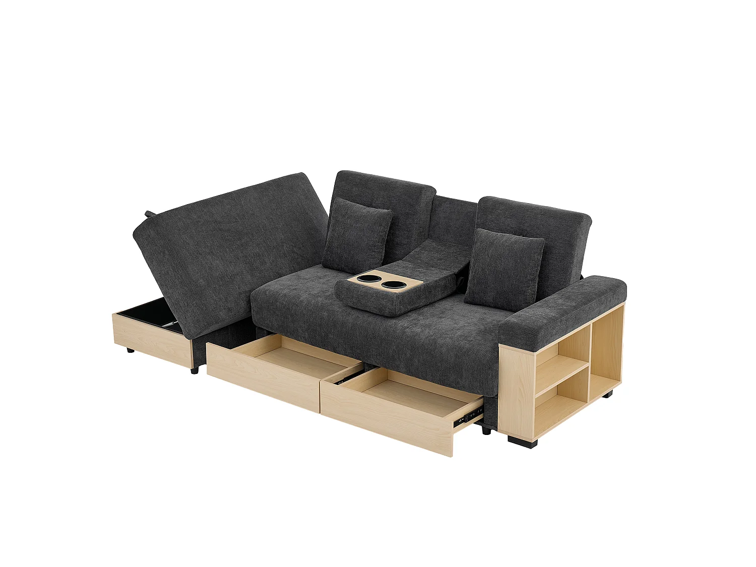Sofá, encosto ajustável em três posições, com gaveta, tecido de chenille, porta-copos e apoio para os pés com arrumação, cinzento