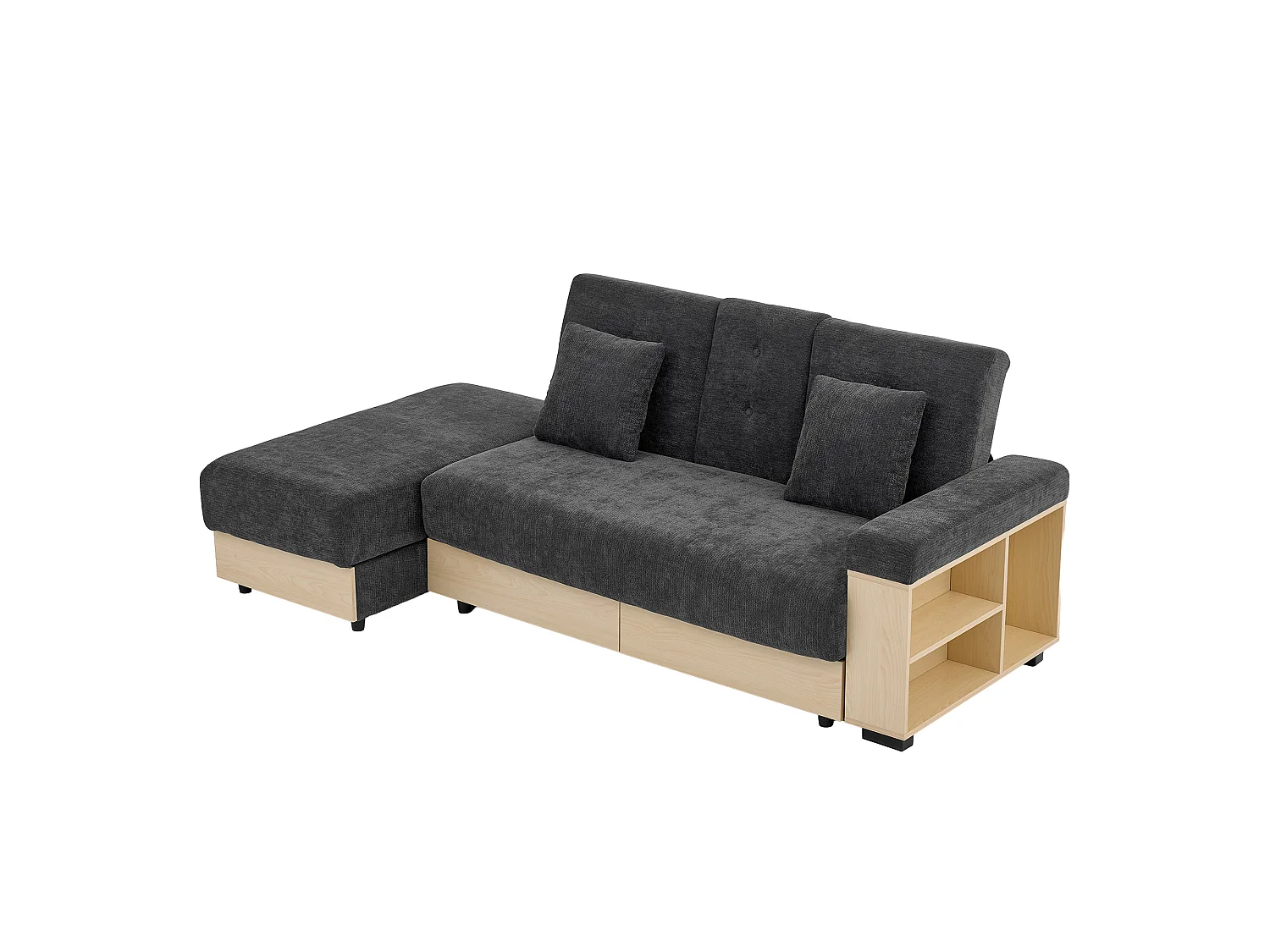 Sofá, encosto ajustável em três posições, com gaveta, tecido de chenille, porta-copos e apoio para os pés com arrumação, cinzento