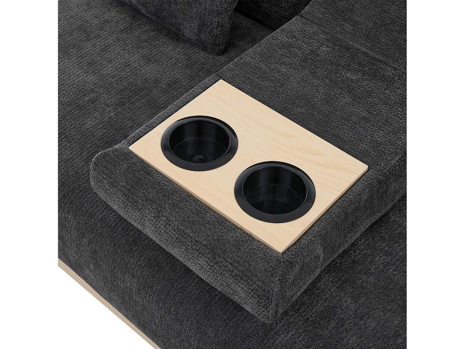 Sofá, encosto ajustável em três posições, com gaveta, tecido de chenille, porta-copos e apoio para os pés com arrumação, cinzento