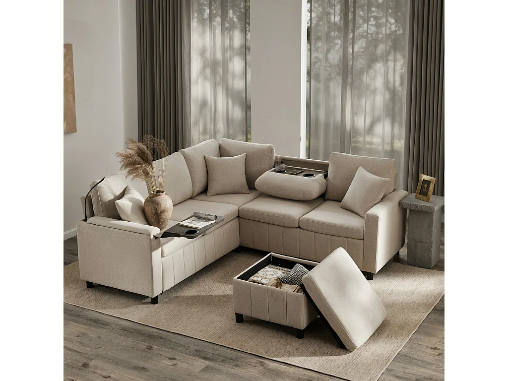 Sofá esquinero, con reposapiés, lámpara de lectura, puertos USB y tipo C, mesita auxiliar, mesa de centro, dos portavasos, terciopelo de chenilla, beige