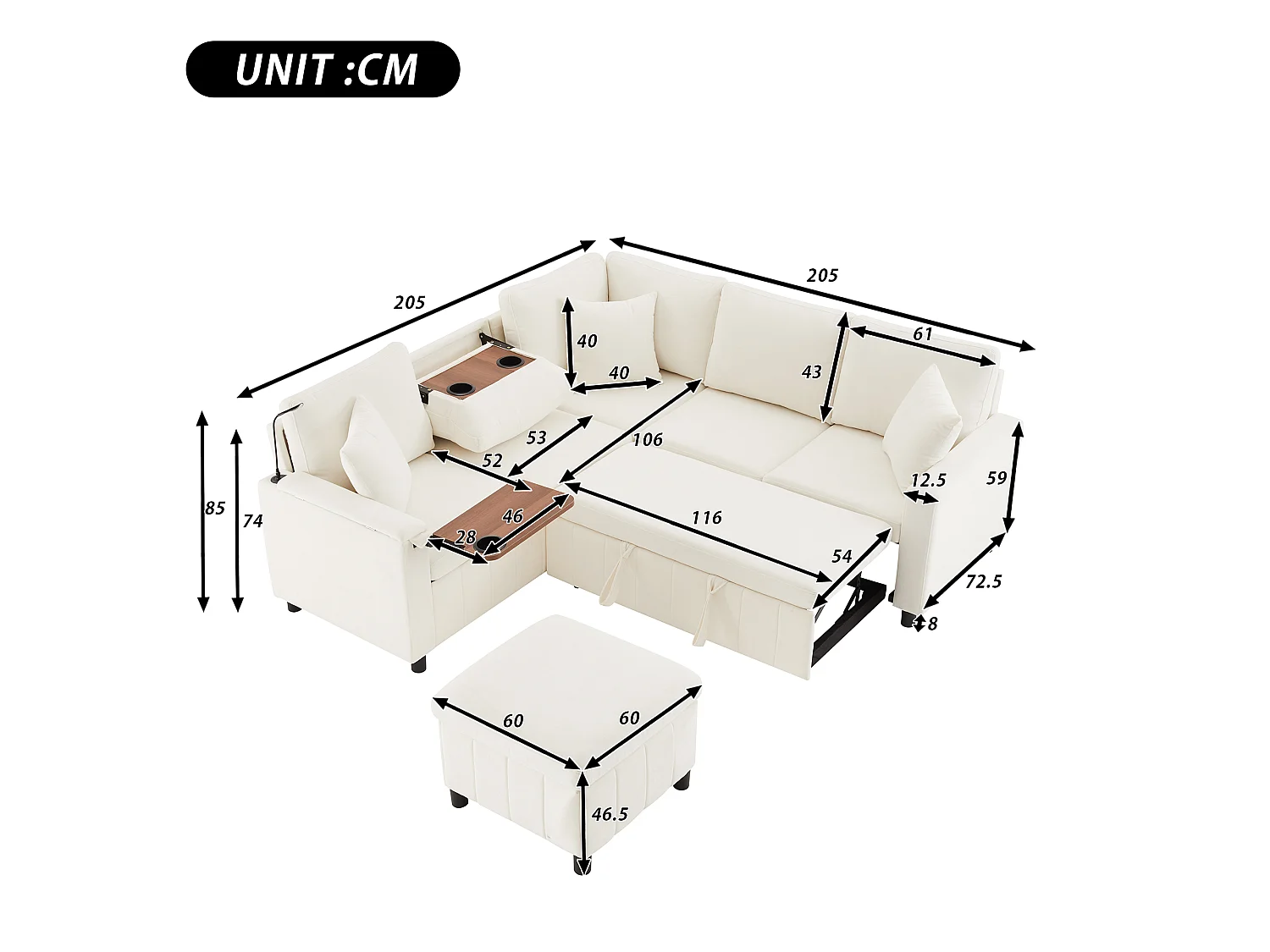 Sofá esquinero, con reposapiés, lámpara de lectura, puertos USB y tipo C, mesita auxiliar, mesa de centro, dos portavasos, terciopelo de chenilla, beige