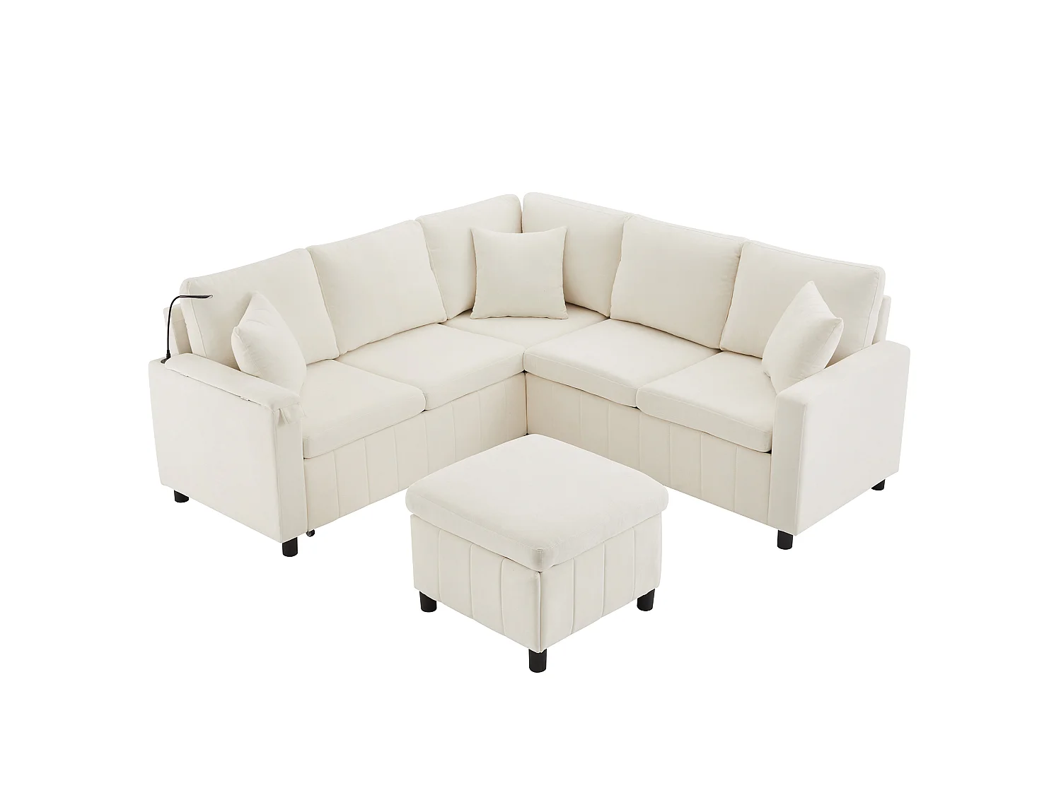 Sofá esquinero, con reposapiés, lámpara de lectura, puertos USB y tipo C, mesita auxiliar, mesa de centro, dos portavasos, terciopelo de chenilla, beige