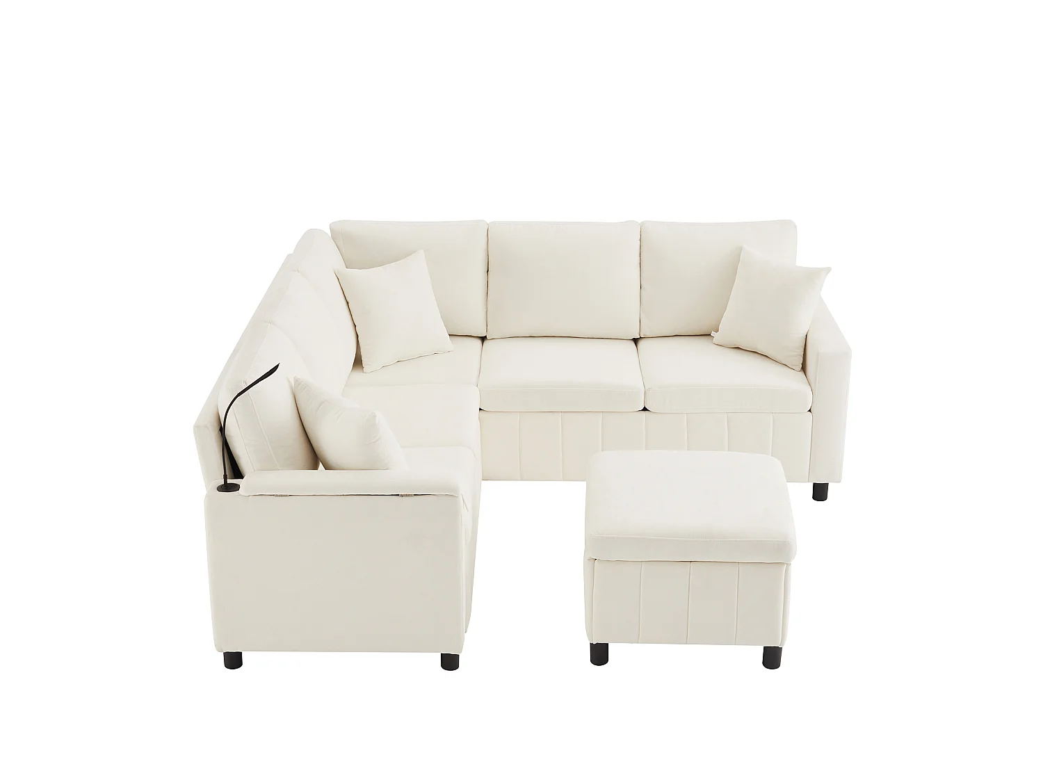 Sofá esquinero, con reposapiés, lámpara de lectura, puertos USB y tipo C, mesita auxiliar, mesa de centro, dos portavasos, terciopelo de chenilla, beige