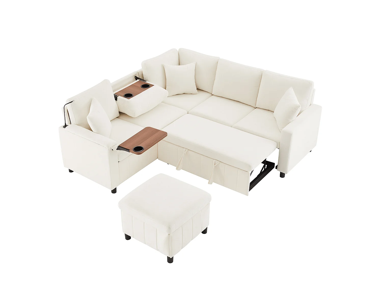 Sofá esquinero, con reposapiés, lámpara de lectura, puertos USB y tipo C, mesita auxiliar, mesa de centro, dos portavasos, terciopelo de chenilla, beige