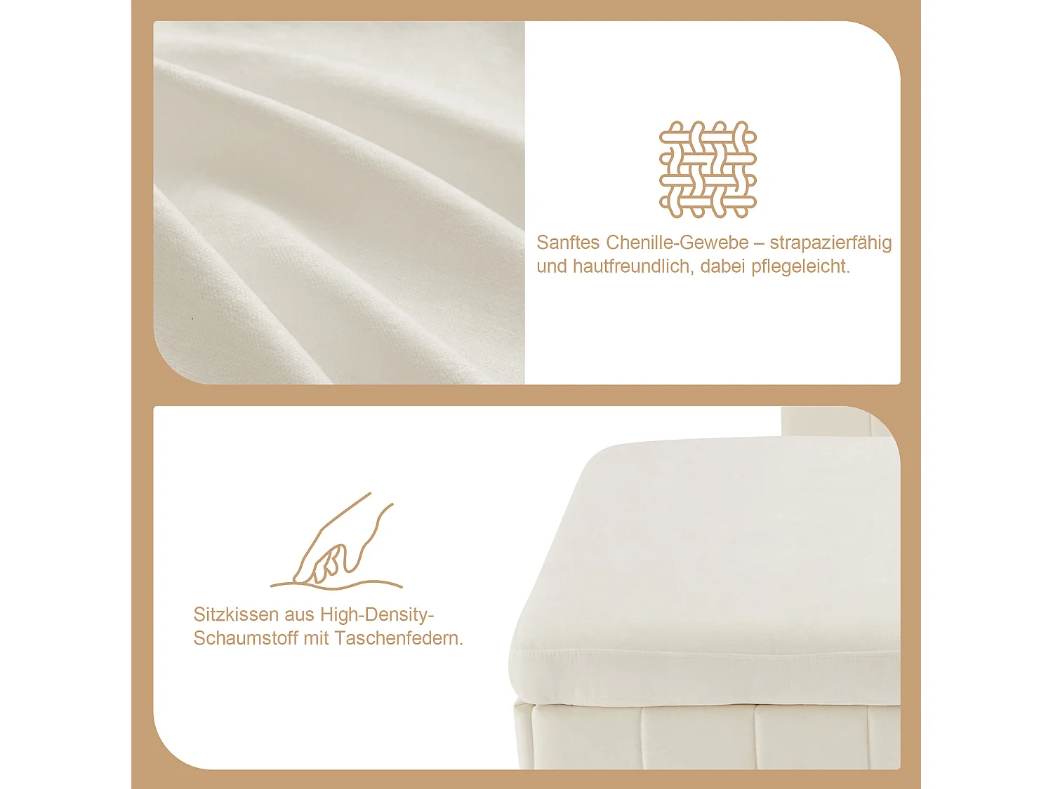 Sofá esquinero, con reposapiés, lámpara de lectura, puertos USB y tipo C, mesita auxiliar, mesa de centro, dos portavasos, terciopelo de chenilla, beige