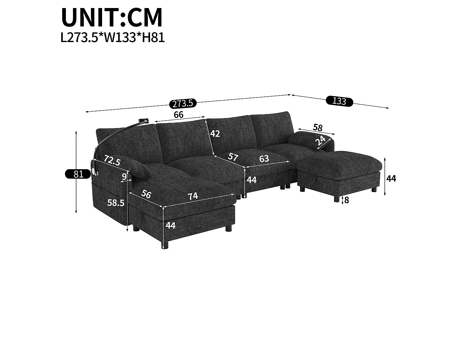 Sofá de canto, 6 lugares, dois apoios para os pés, tomada de carregamento USB Tipo C, suporte para telemóvel, tecido chenille, cinzento