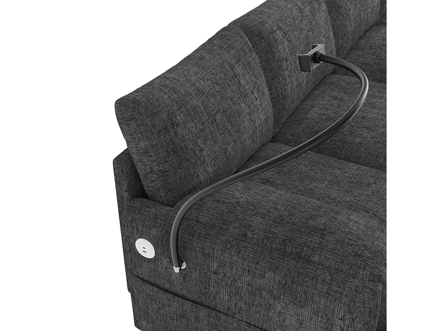 Sofá de canto, 6 lugares, dois apoios para os pés, tomada de carregamento USB Tipo C, suporte para telemóvel, tecido chenille, cinzento