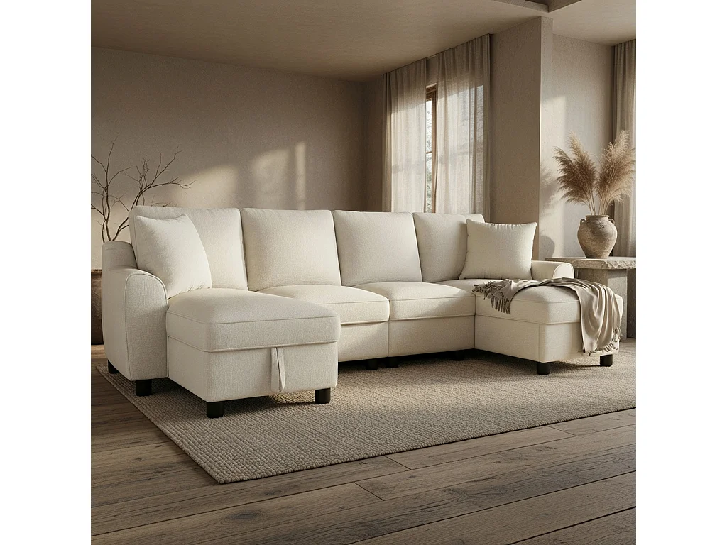 U-vormige bank voor 4 personen, met twee zitbanken, twee kussens, een opklapbare opbergruimte, van chenille, beige