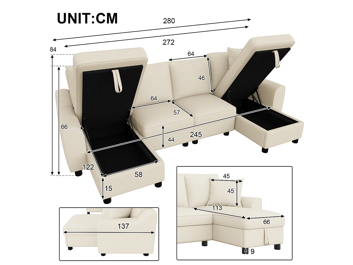 U-vormige bank voor 4 personen, met twee zitbanken, twee kussens, een opklapbare opbergruimte, van chenille, beige