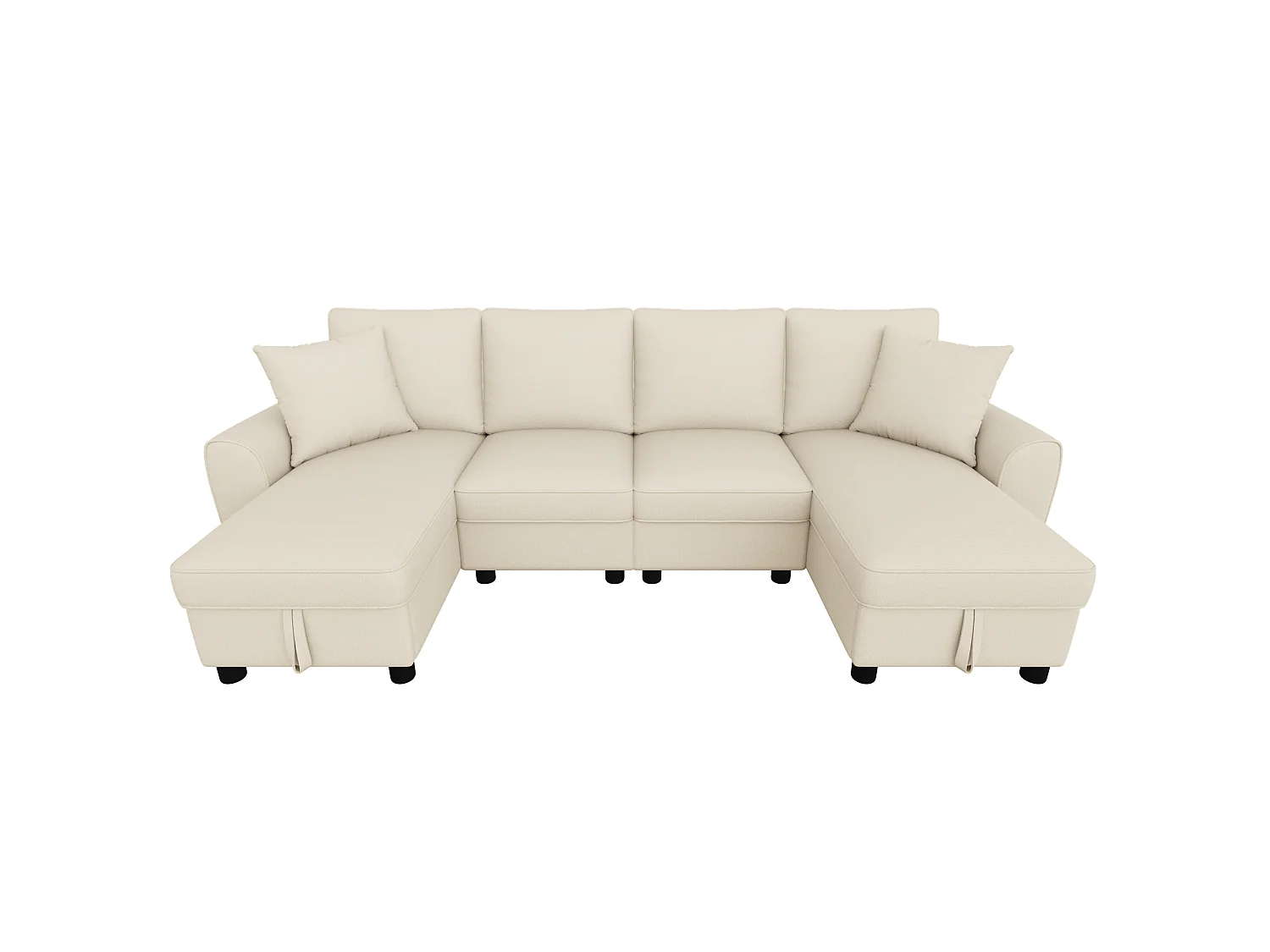 U-vormige bank voor 4 personen, met twee zitbanken, twee kussens, een opklapbare opbergruimte, van chenille, beige