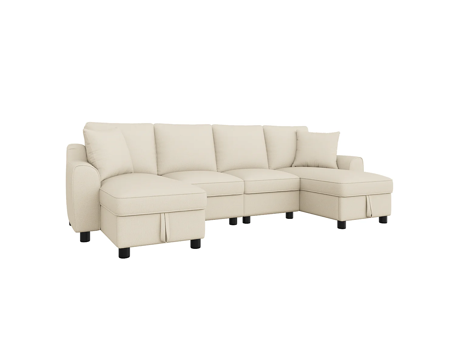U-vormige bank voor 4 personen, met twee zitbanken, twee kussens, een opklapbare opbergruimte, van chenille, beige