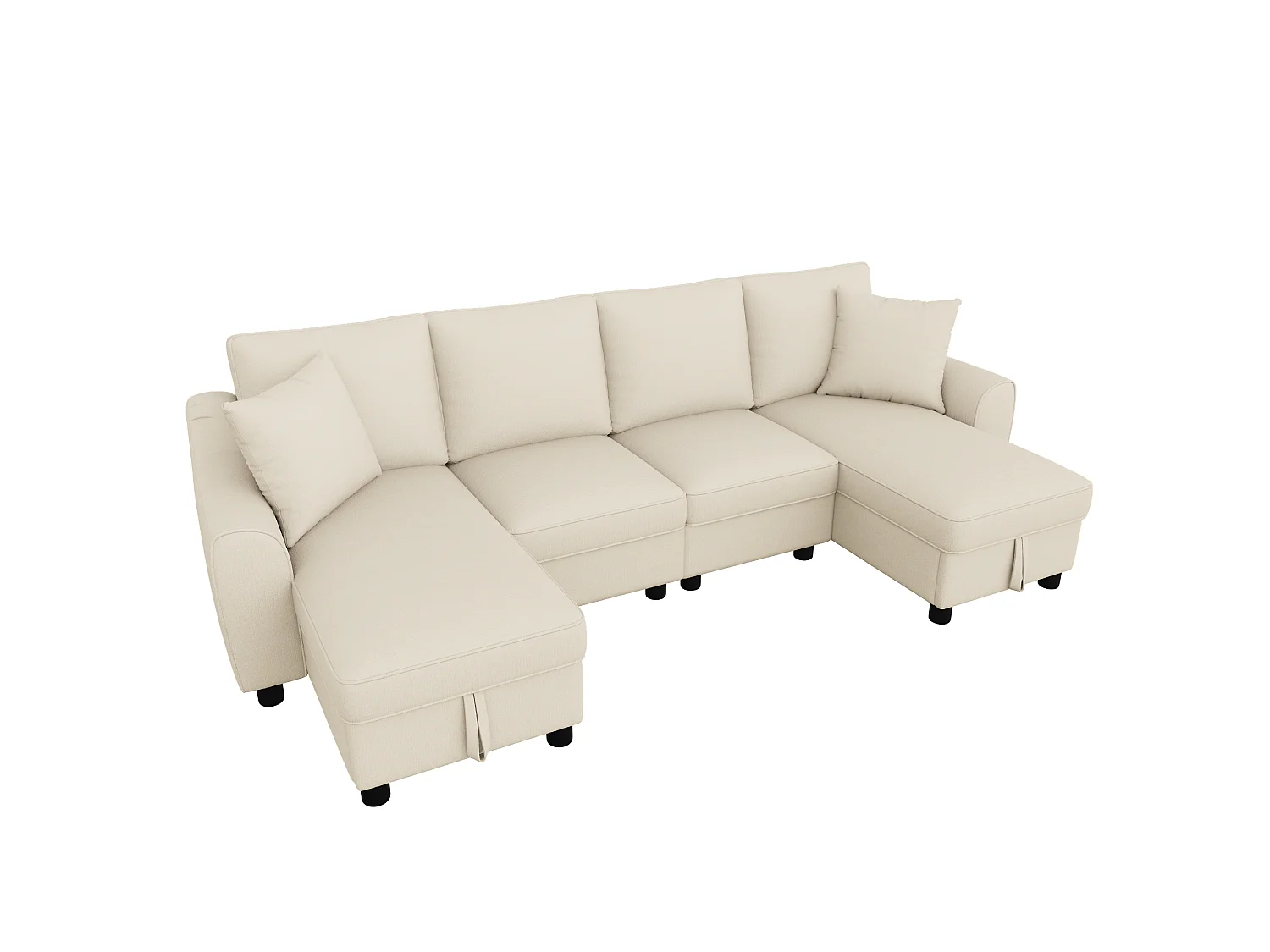 U-vormige bank voor 4 personen, met twee zitbanken, twee kussens, een opklapbare opbergruimte, van chenille, beige