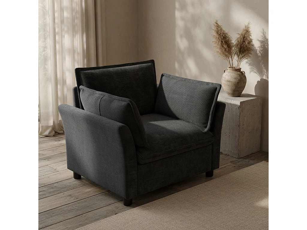 Canapé une place moderne, doté d'un dossier et d'accoudoirs rembourrés, en tissu chenille, gris