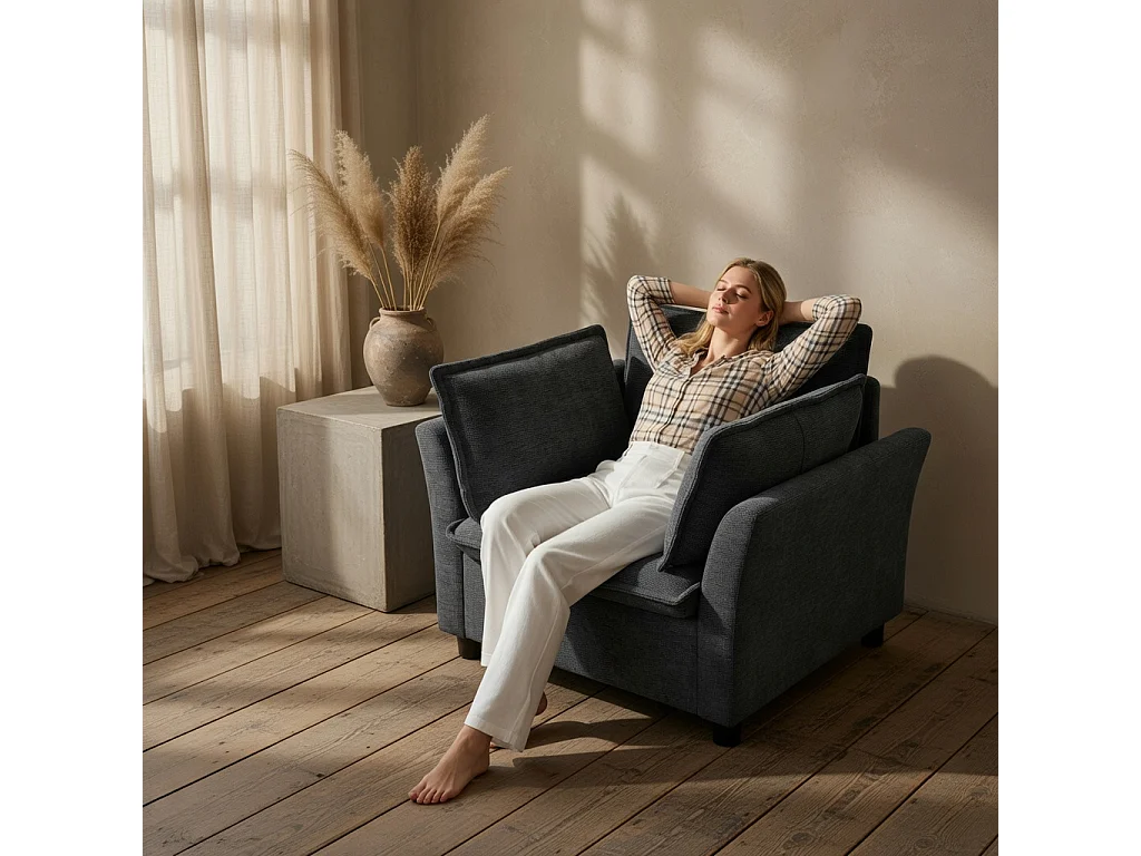 Canapé une place moderne, doté d'un dossier et d'accoudoirs rembourrés, en tissu chenille, gris