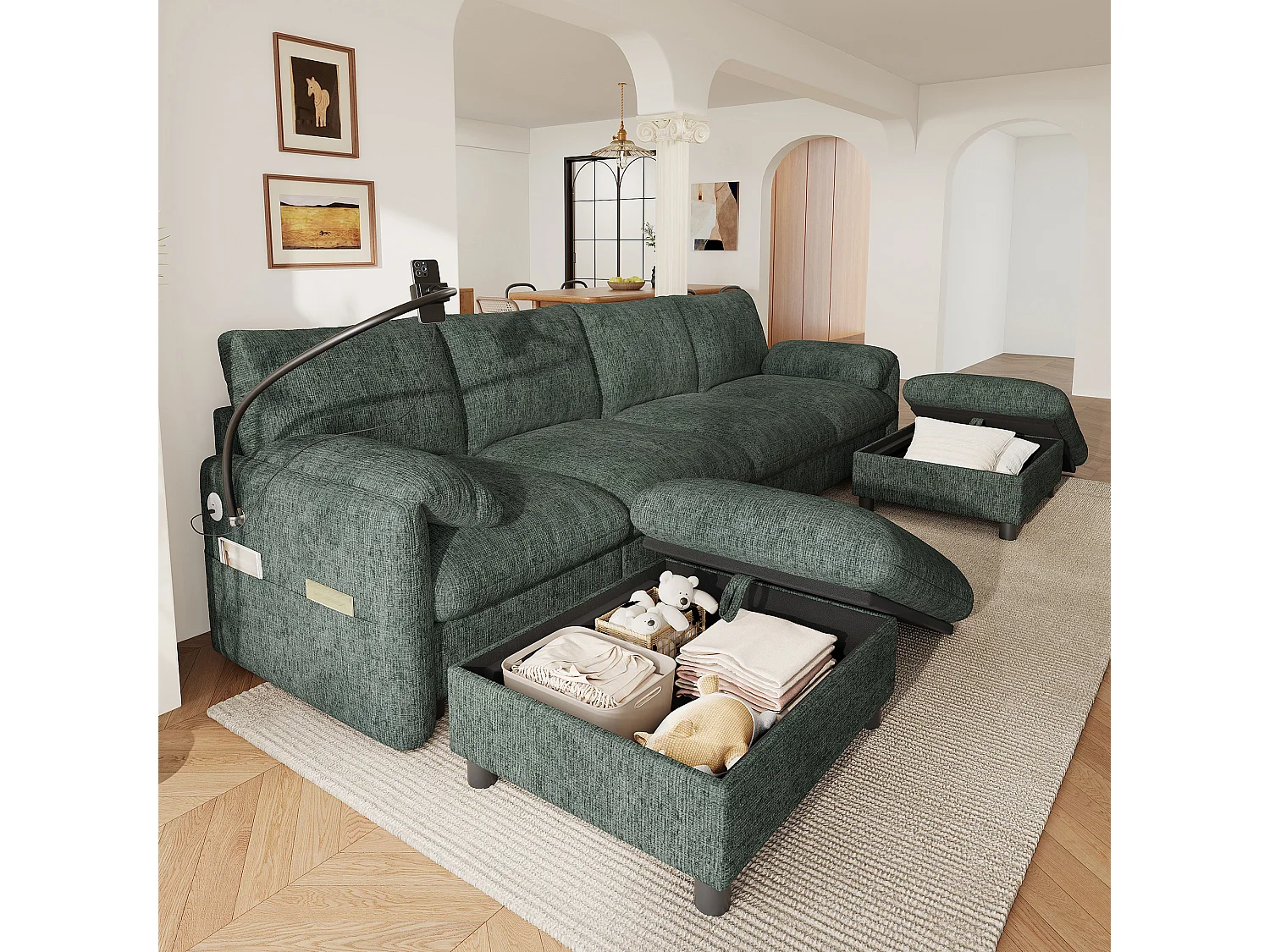 Canapé d'angle 6 places en tissu chenille vert