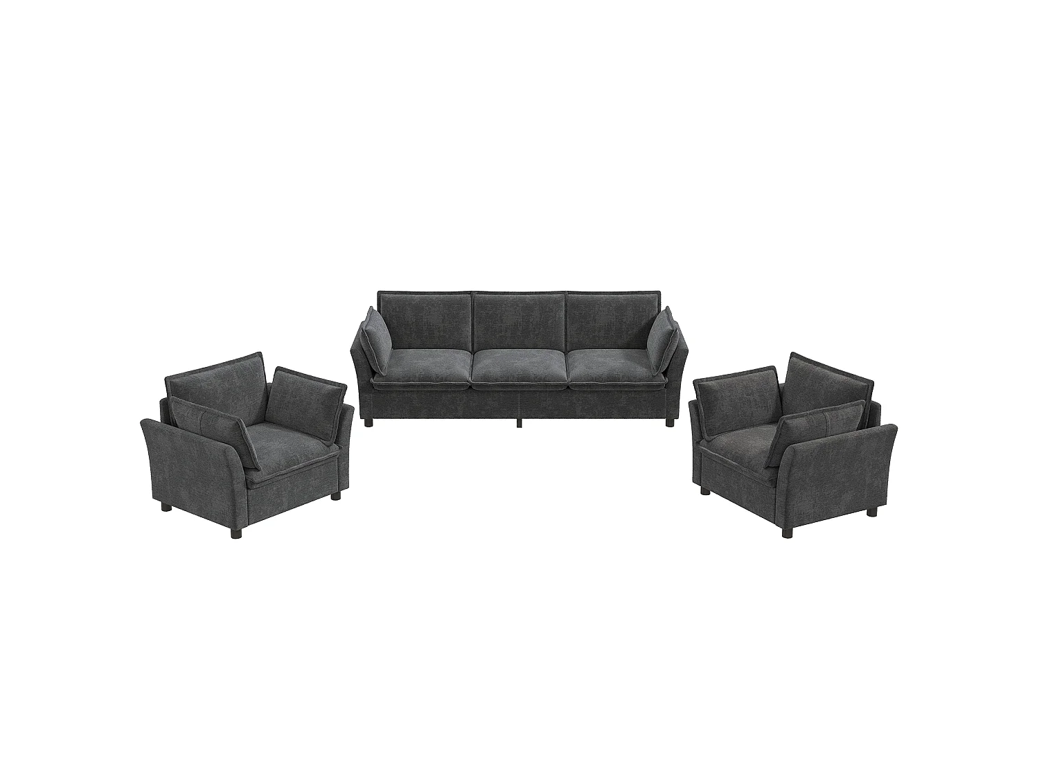 Bankstel, vrij samen te stellen, van chenille-stof, bestaande uit een 3-zitsbank + 2 fauteuils, met kussens, grijs