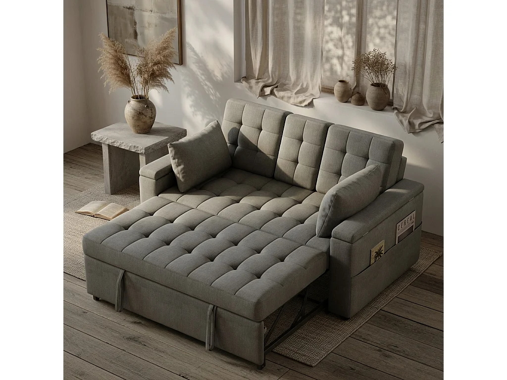 Canapé convertible clic-clac 2 places avec rangement en tissu gris