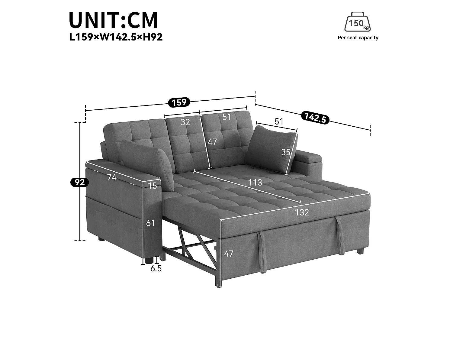 Canapé convertible clic-clac 2 places avec rangement en tissu gris