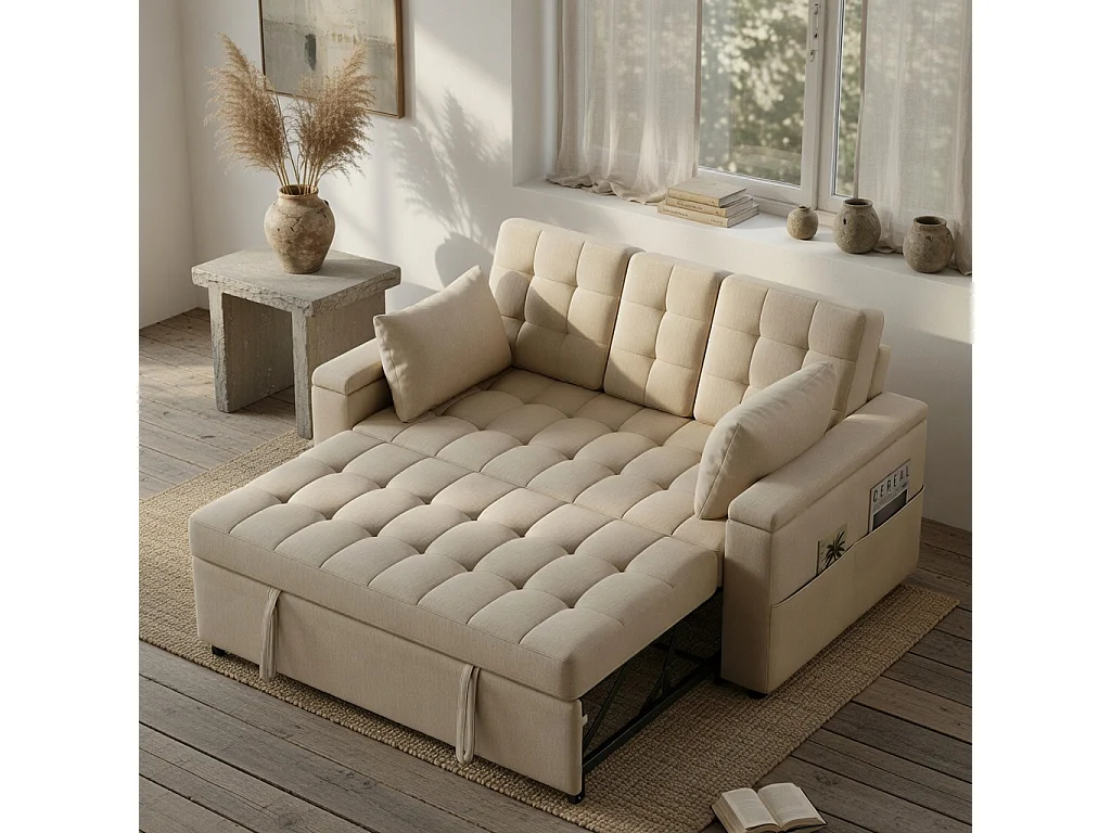 Canapé convertible clic-clac 2 places avec rangement en tissu beige