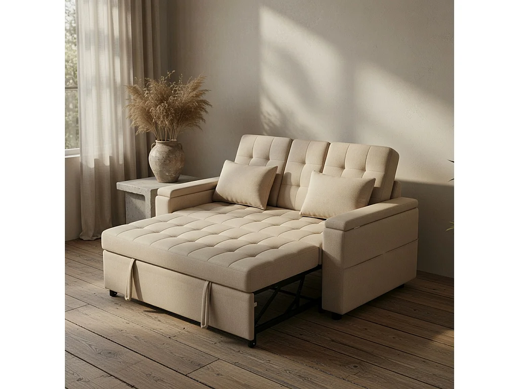 Canapé convertible clic-clac 2 places avec rangement en tissu beige