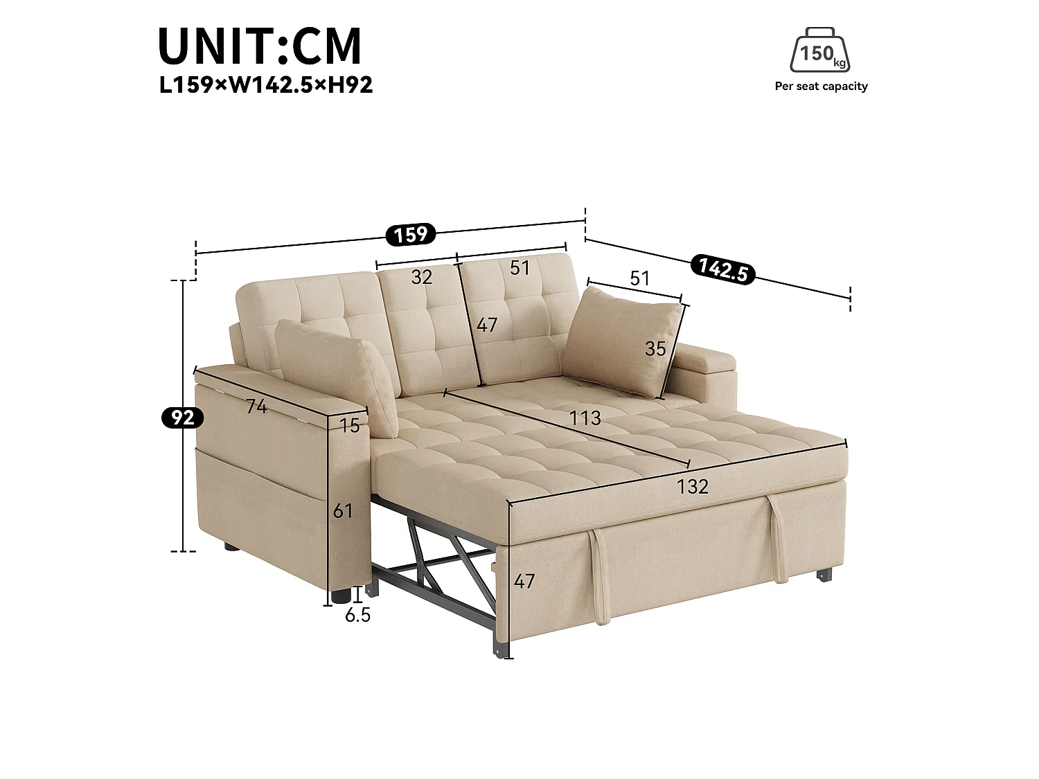 Canapé convertible clic-clac 2 places avec rangement en tissu beige