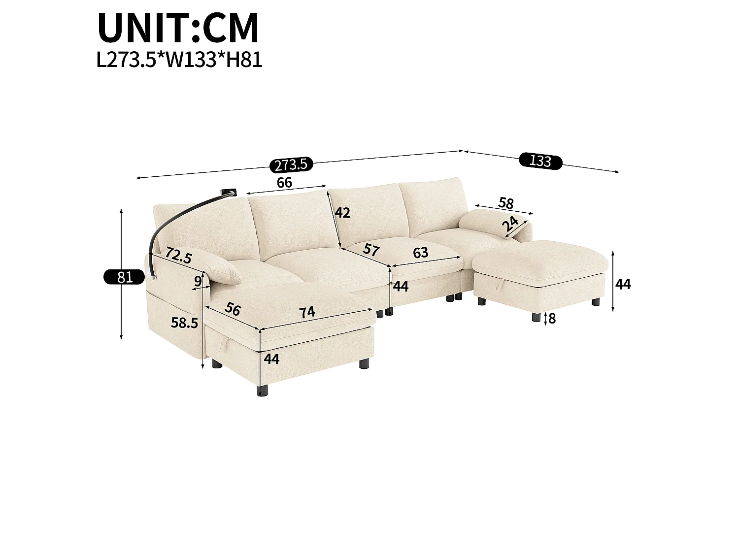 Sofá de canto, 6 lugares, dois apoios para os pés, tomada de carregamento USB Tipo C, suporte para telemóvel, tecido chenille, bege