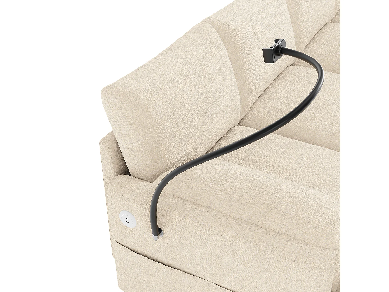 Sofá de canto, 6 lugares, dois apoios para os pés, tomada de carregamento USB Tipo C, suporte para telemóvel, tecido chenille, bege