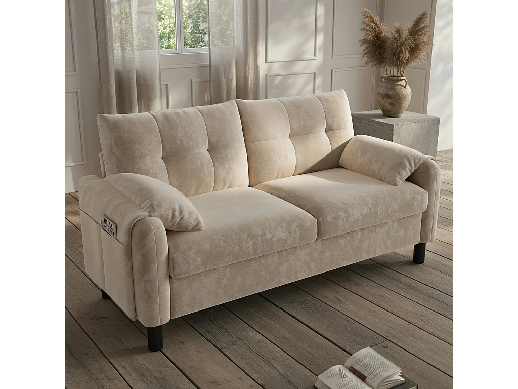 Sofá de dos plazas, de tejido de chenilla, con cojines mullidos, ideal para el salón, el dormitorio o pisos pequeños, beige