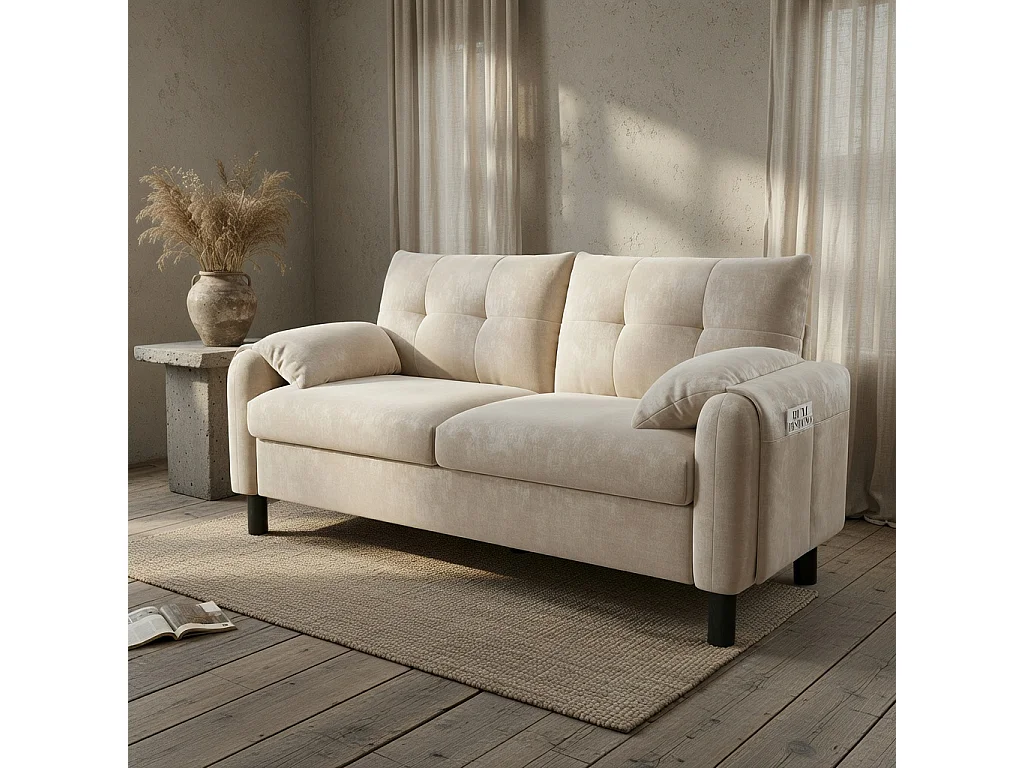 Sofá de dos plazas, de tejido de chenilla, con cojines mullidos, ideal para el salón, el dormitorio o pisos pequeños, beige