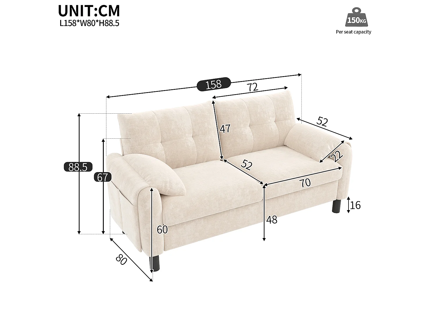 Sofá de dos plazas, de tejido de chenilla, con cojines mullidos, ideal para el salón, el dormitorio o pisos pequeños, beige