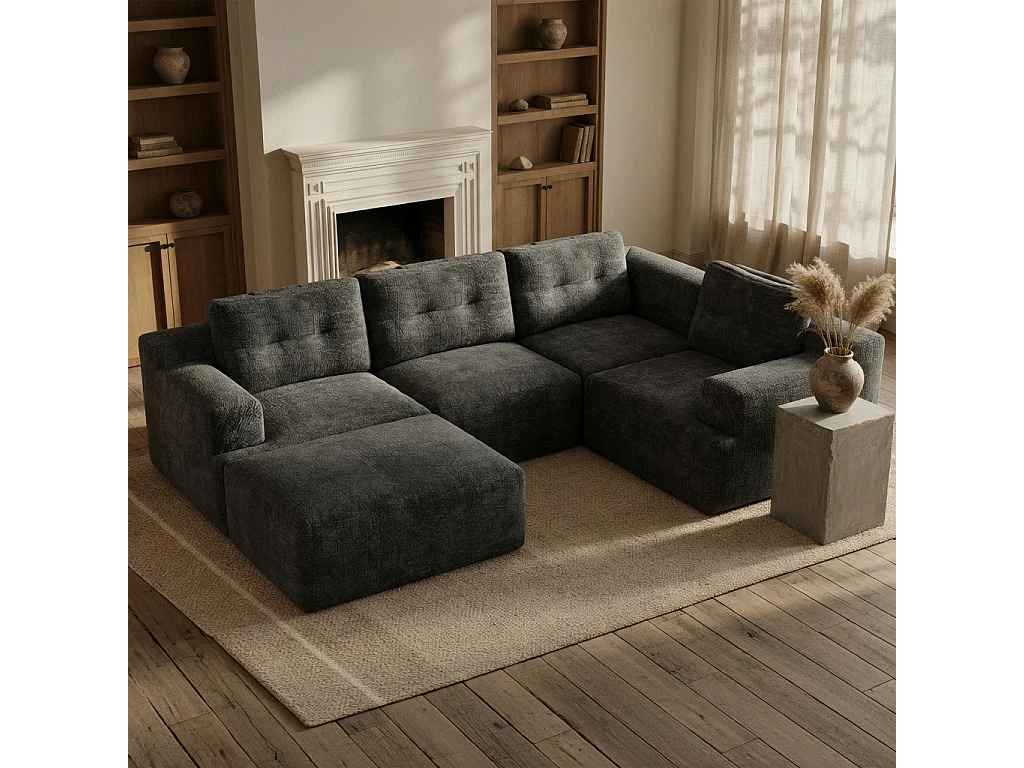 Divano modulare, componibile a L o a U, struttura interamente in schiuma senza telaio, tessuto chenille, grigio