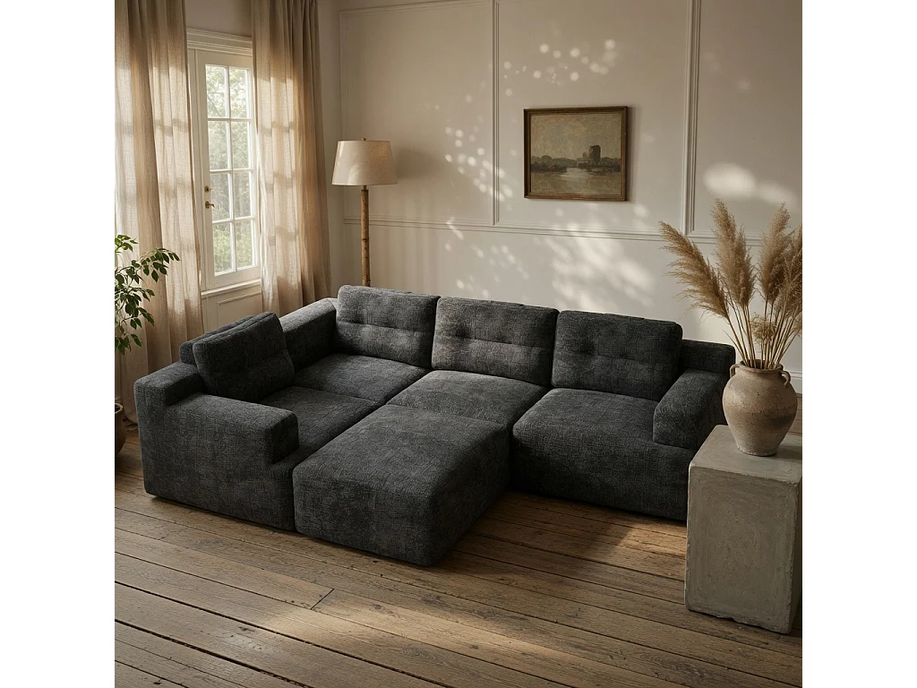 Divano modulare, componibile a L o a U, struttura interamente in schiuma senza telaio, tessuto chenille, grigio