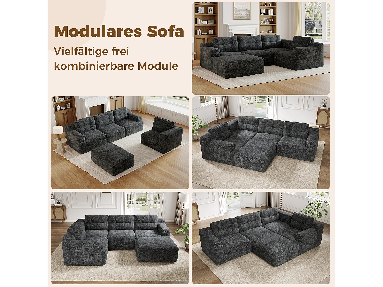 Divano modulare, componibile a L o a U, struttura interamente in schiuma senza telaio, tessuto chenille, grigio
