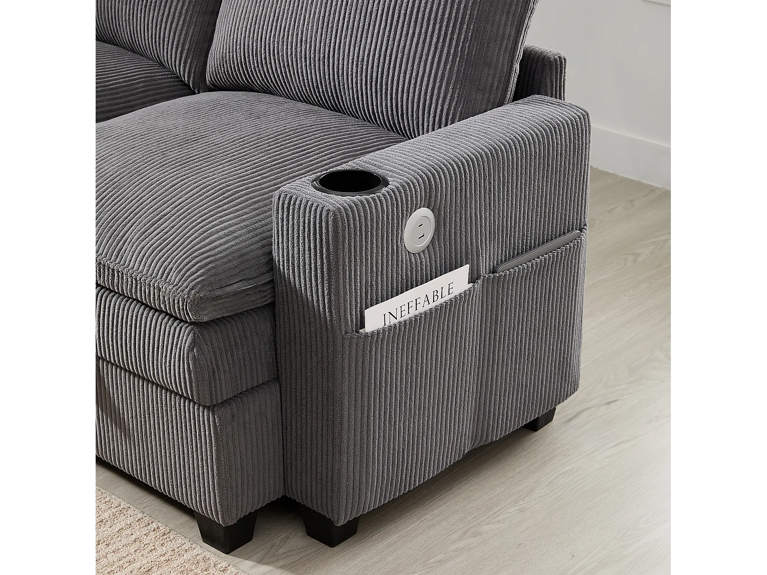Sofá em L, com estofo em veludo canelado, apoio para os pés removível, porta USB, compartimento de arrumação e porta-copos, cinzento