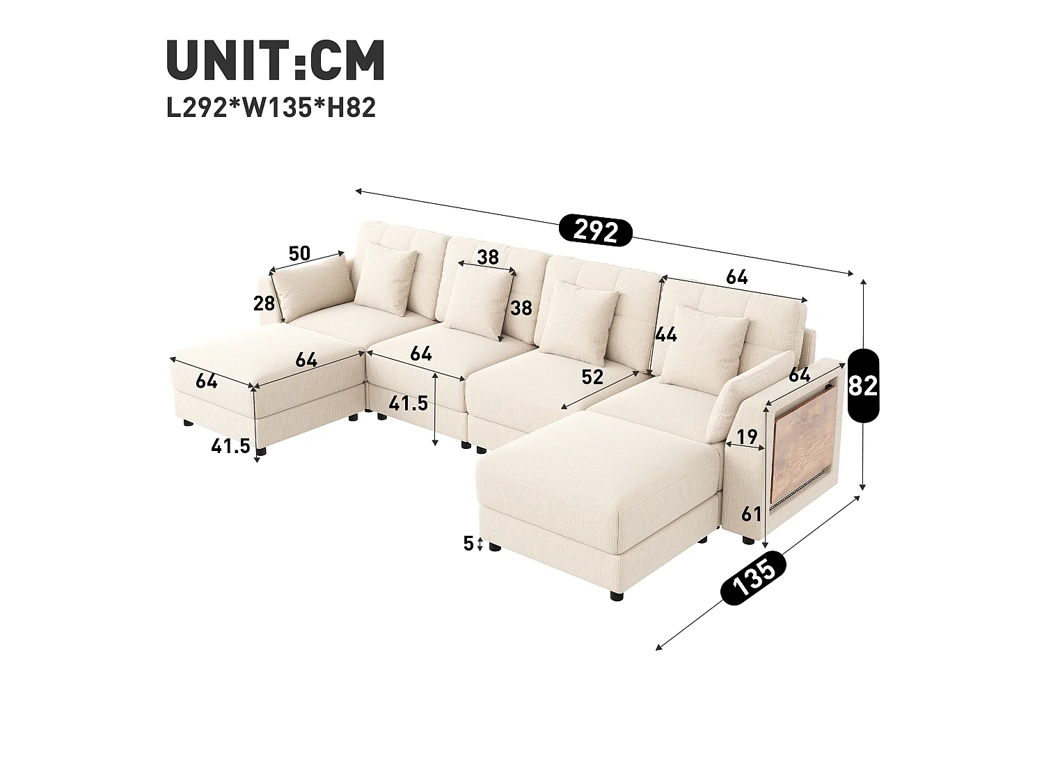 Sofá de canto, com 2 pufes, iluminação LED e uma mesinha auxiliar, incluindo 6 almofadas, em tecido chenille, bege