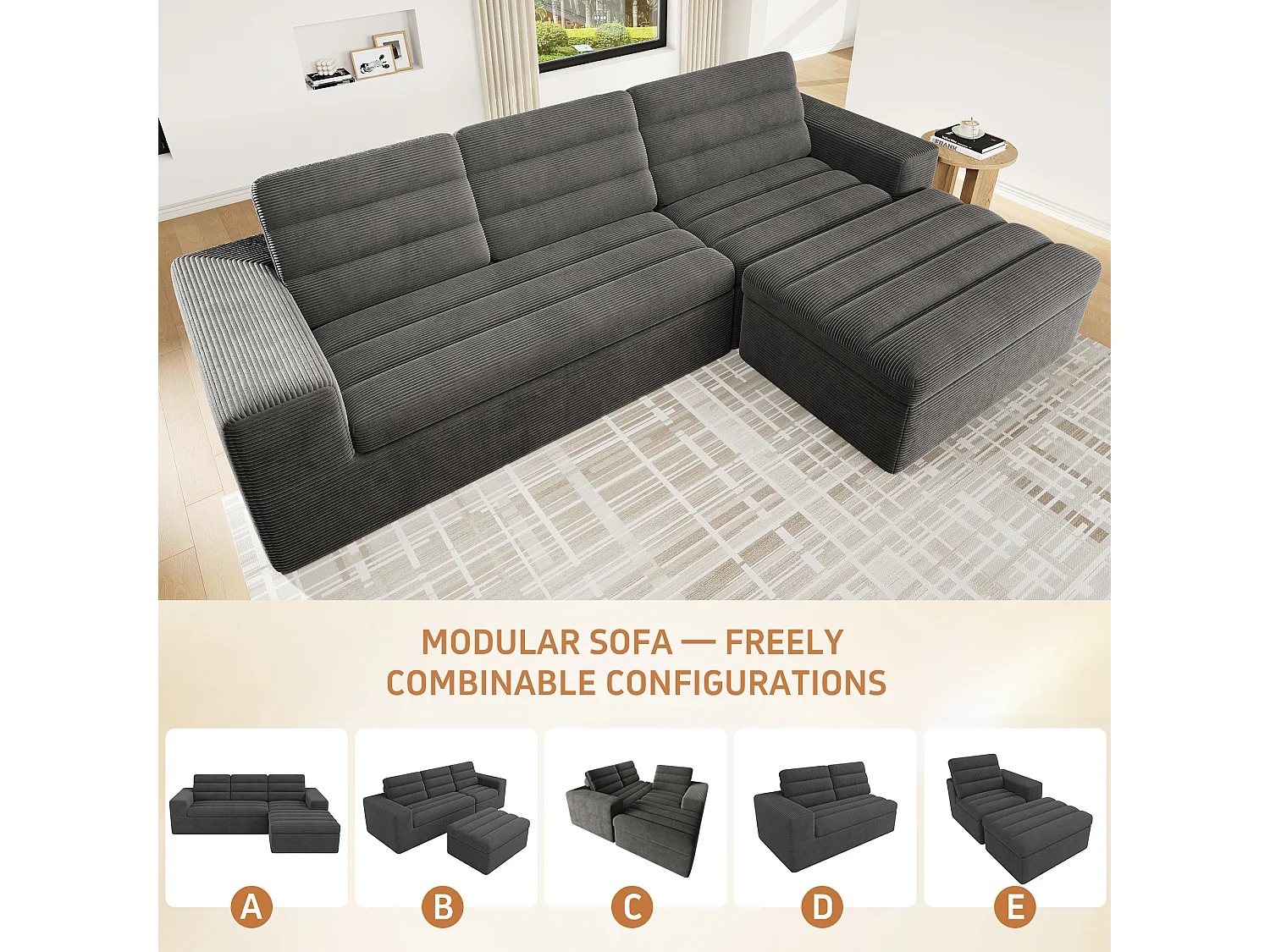 Sofá de canto em L, design sem estrutura, sofá «Cloud», modular à vontade, pronto a usar, em veludo canelado, cinzento escuro