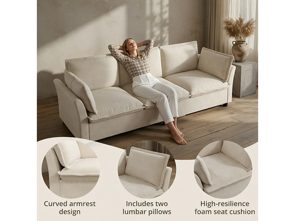 Set met chenillefluwelen banken: 3-zitsbank + 2-zitsbank + fauteuil, inclusief kussens, beige