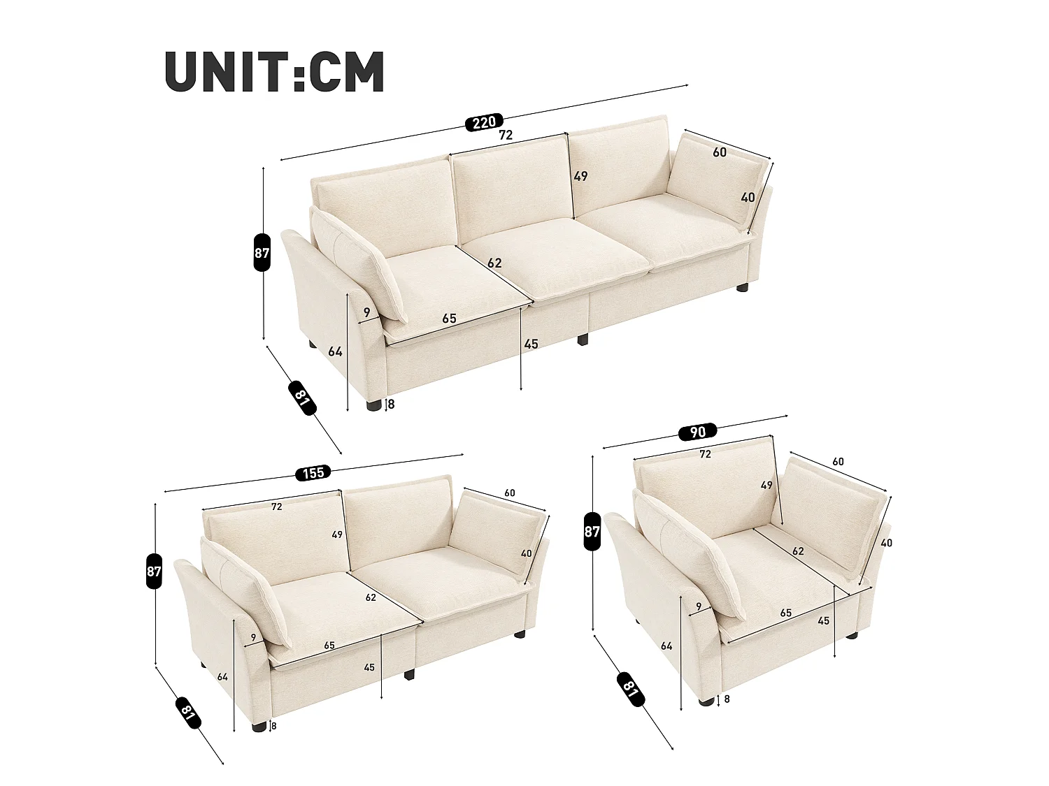 Set met chenillefluwelen banken: 3-zitsbank + 2-zitsbank + fauteuil, inclusief kussens, beige